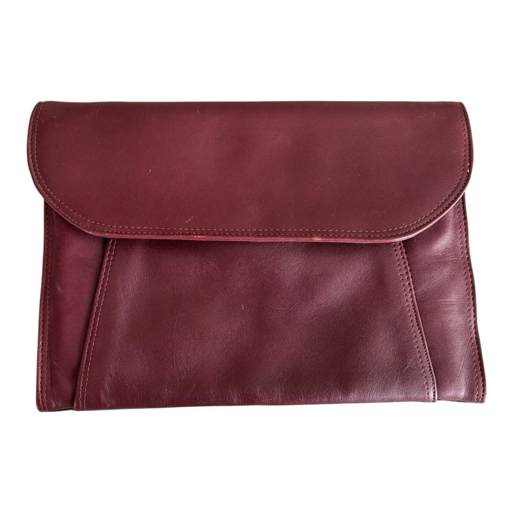DeNura Leather Clutch Bag Envelope Style Burgundy Gusseted Divided Made in Korea